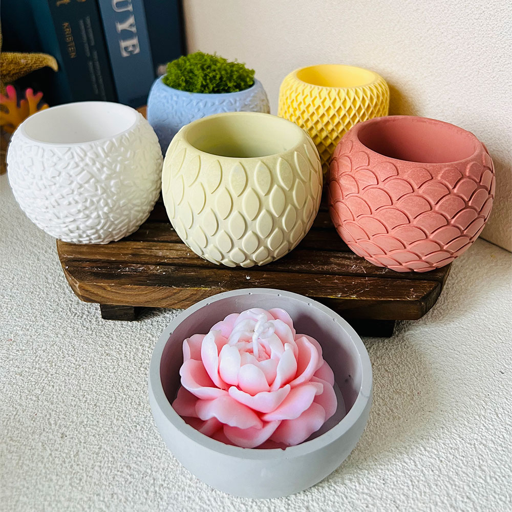 Ceramic Candle Vessel - 1pc Fish Scale Pattern Cement Candle