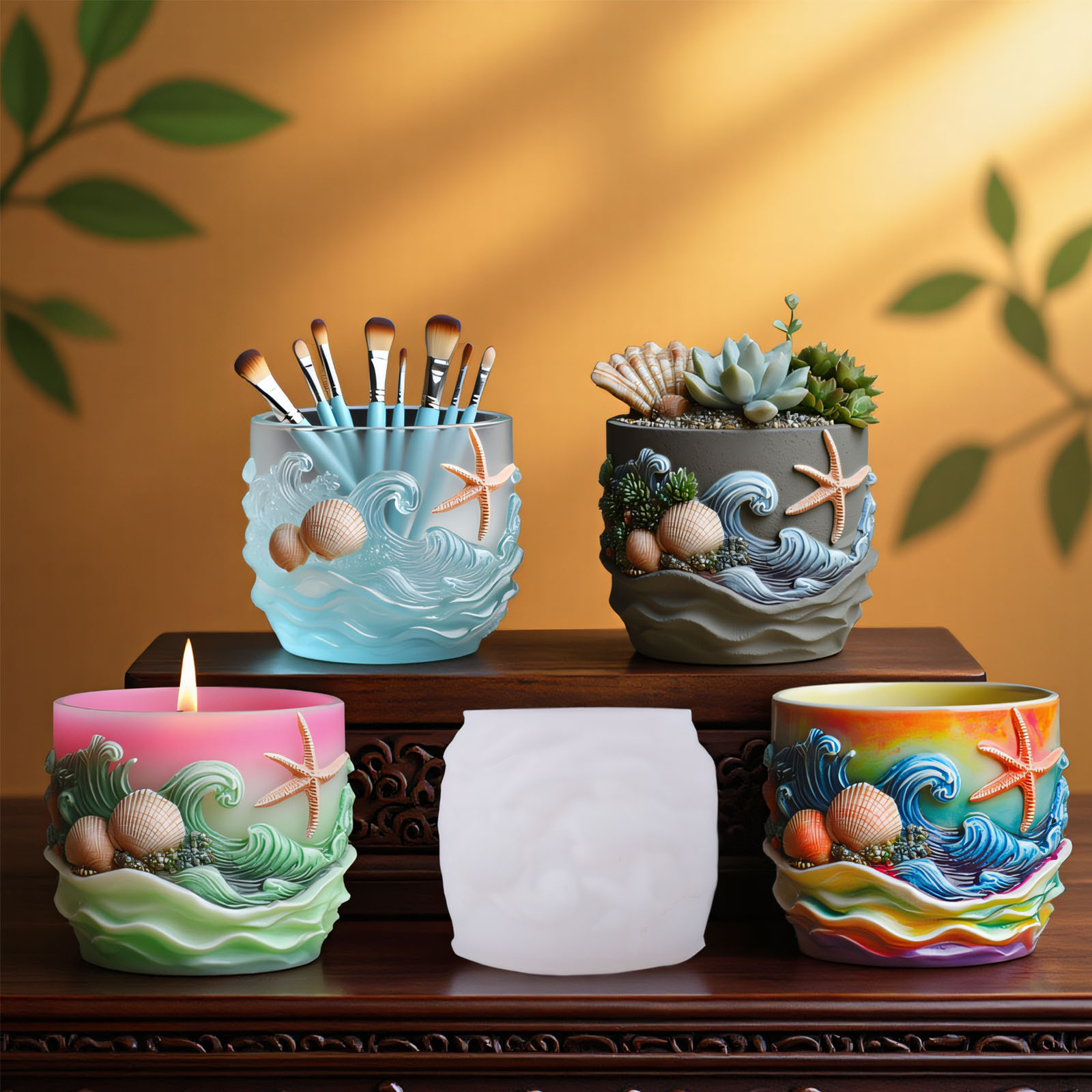 Ceramic Candle Vessel - Marine Life Relief Succulent Plant Flowerpot