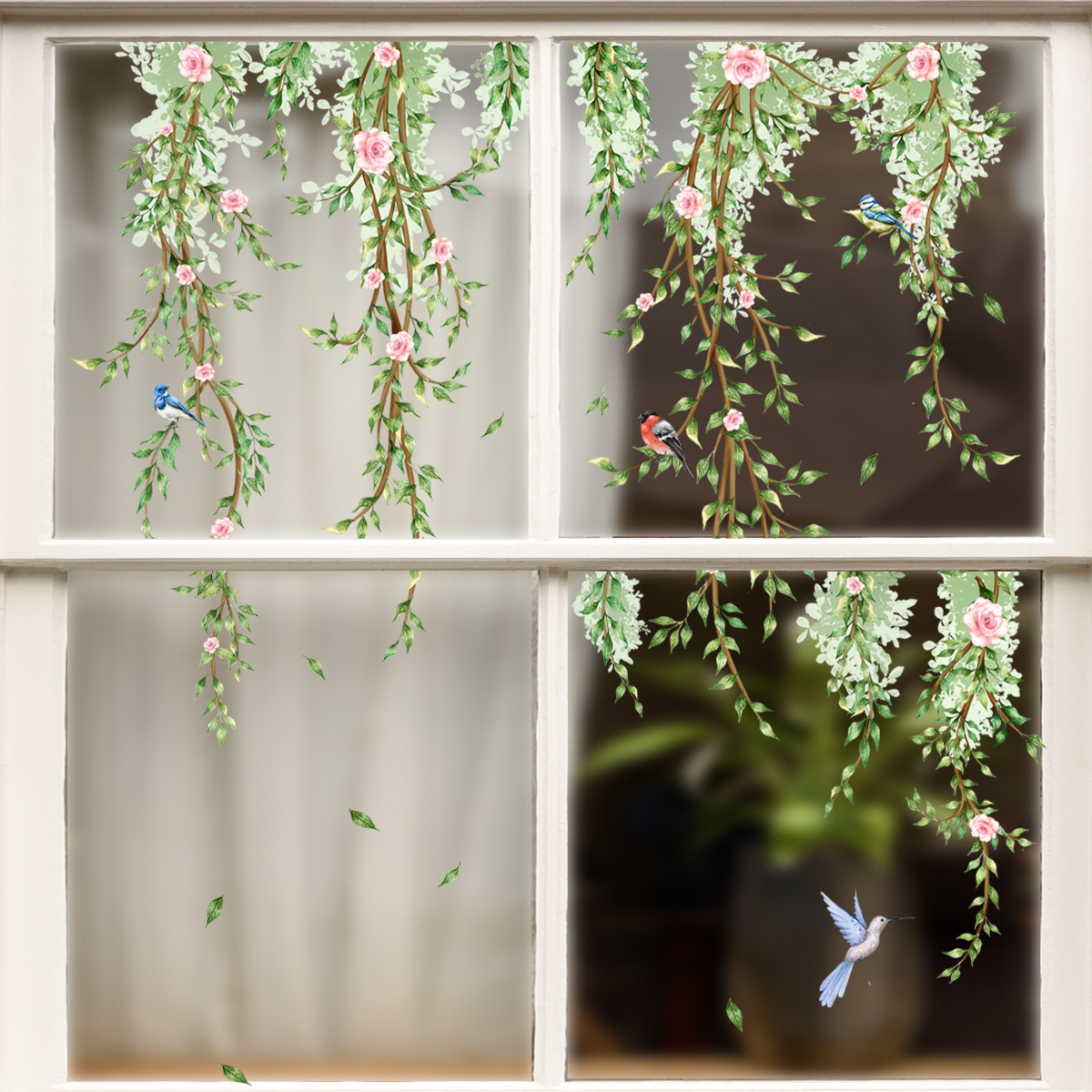 Interior Design Magazine - Branches Flowers Birds Glass Sticker Living